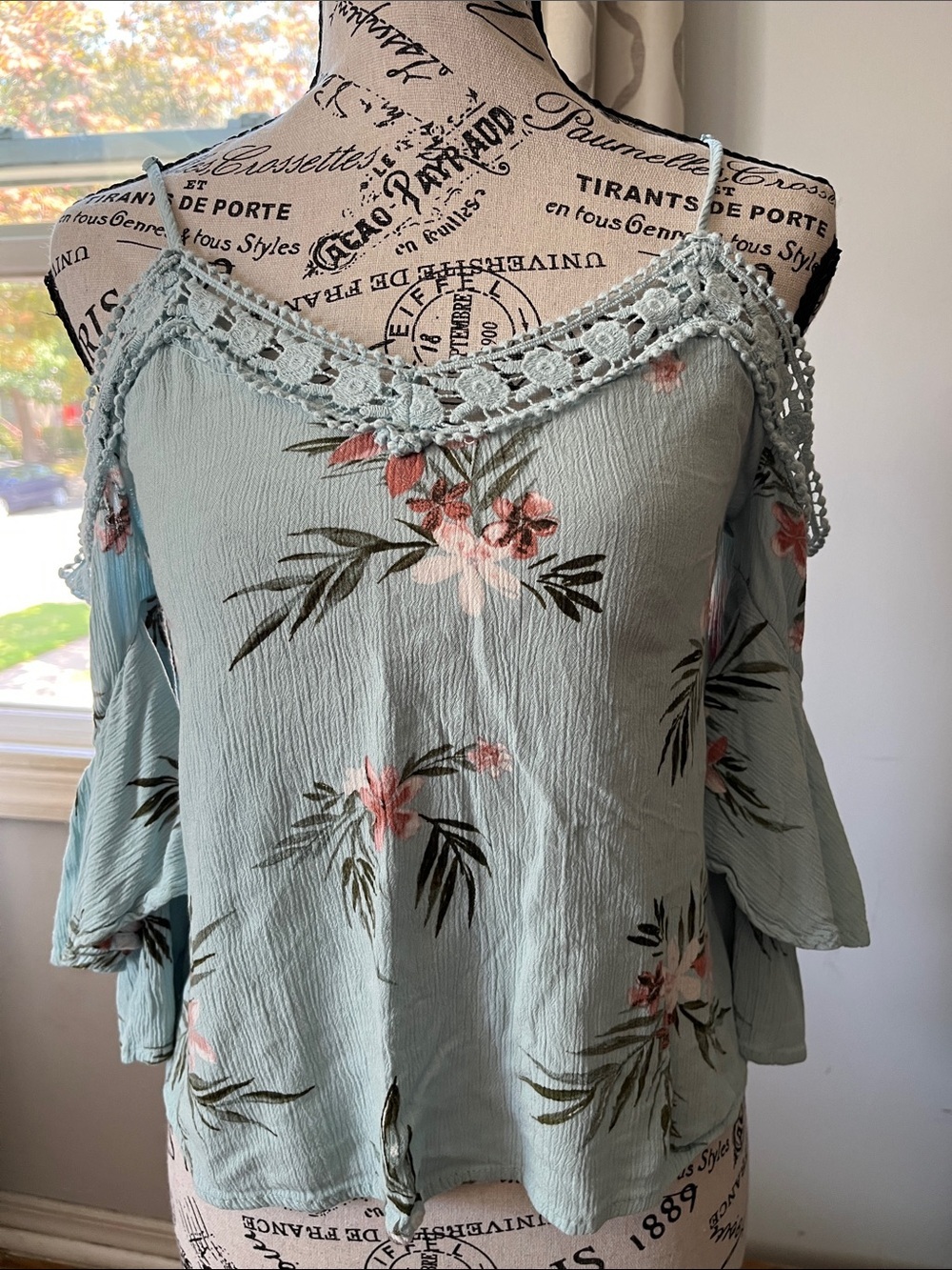 Peasant Bohemian Bell Sleeves Fairycore Blue Dainty Floral Cowgirl top.
